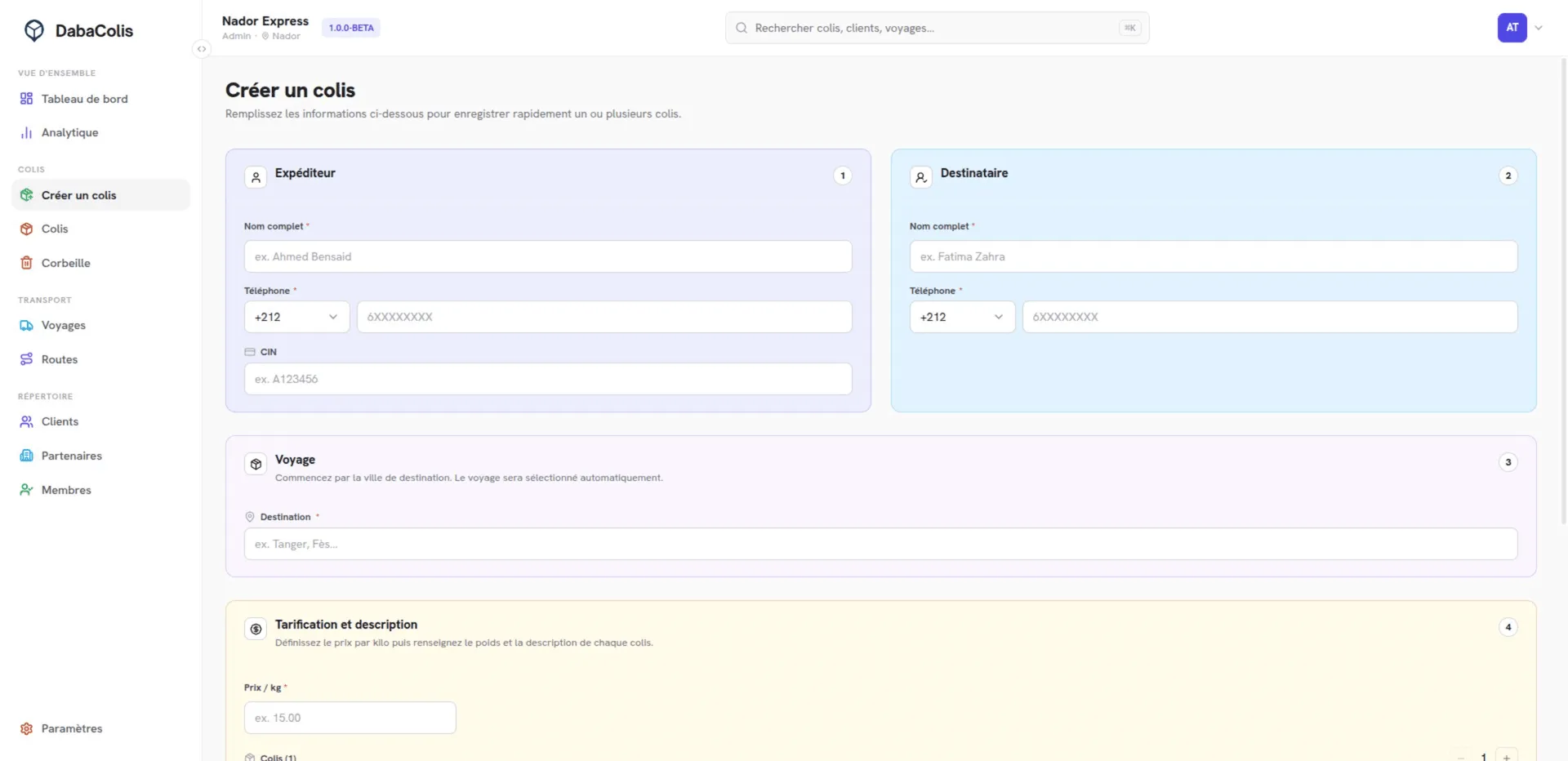 DabaColis create parcel form