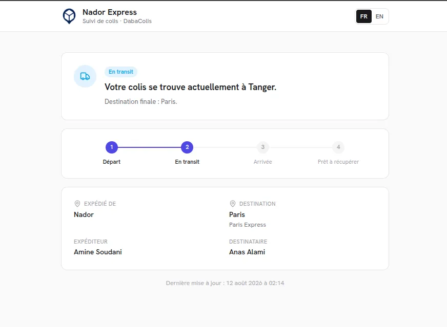 DabaColis public parcel tracking page