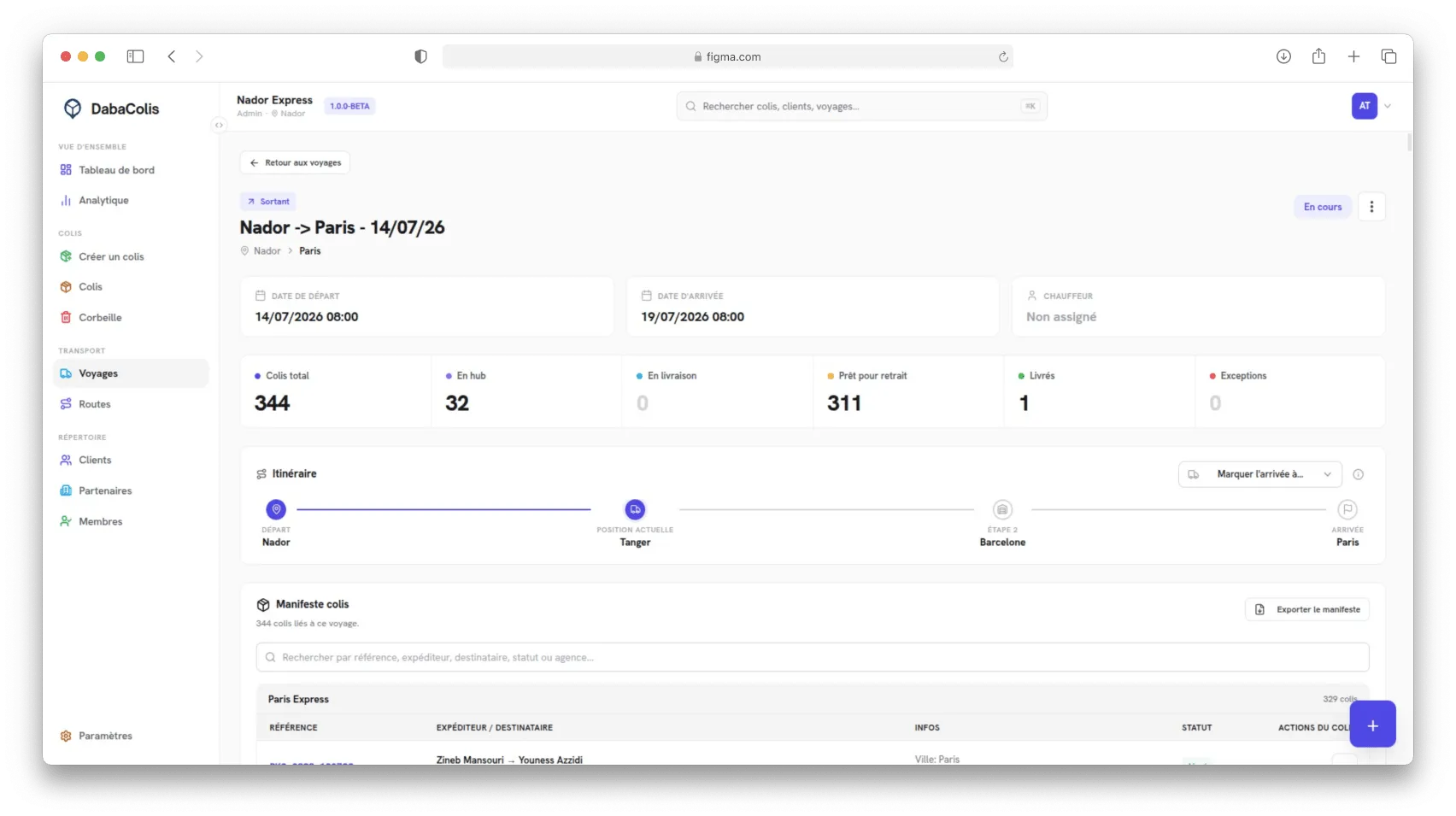 DabaColis web trip details dashboard