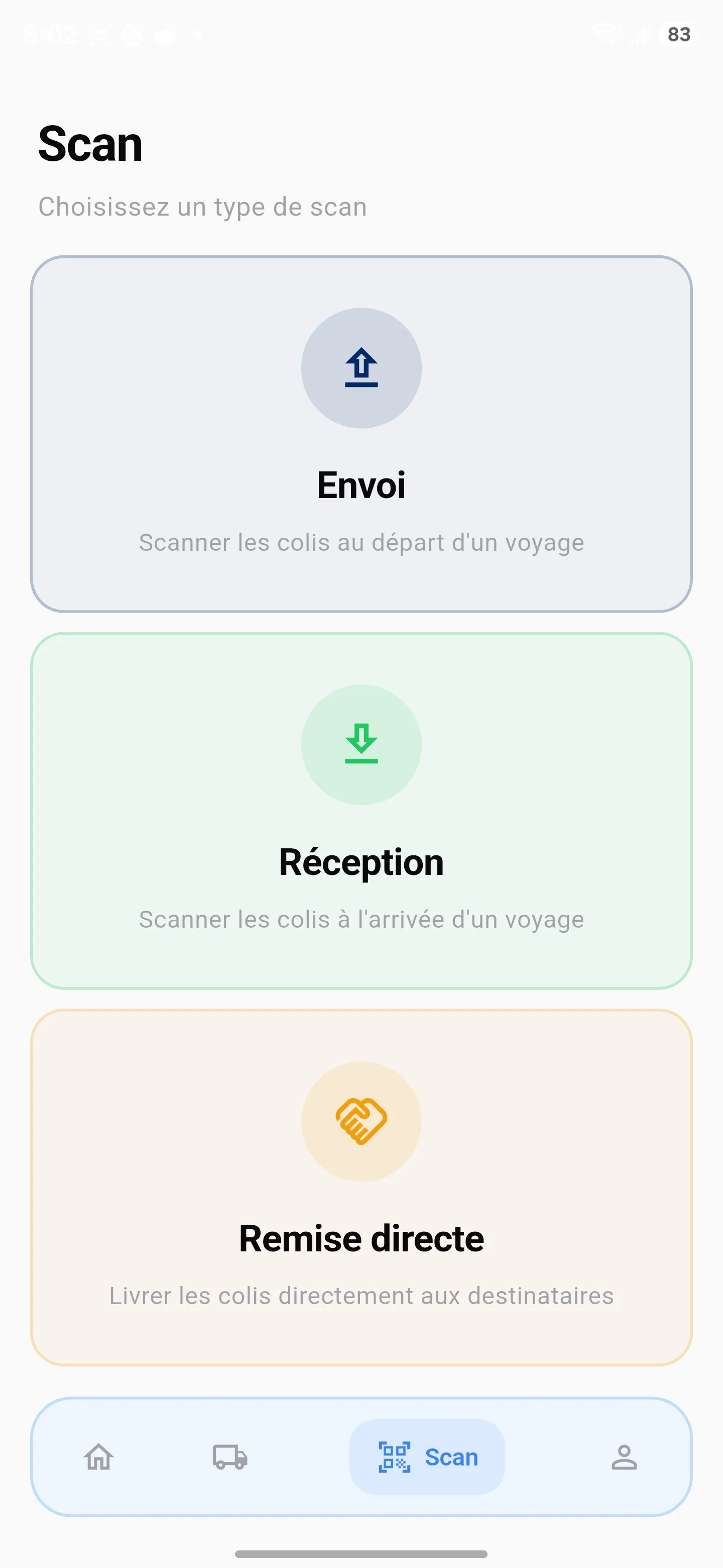 DabaColis mobile scan menu