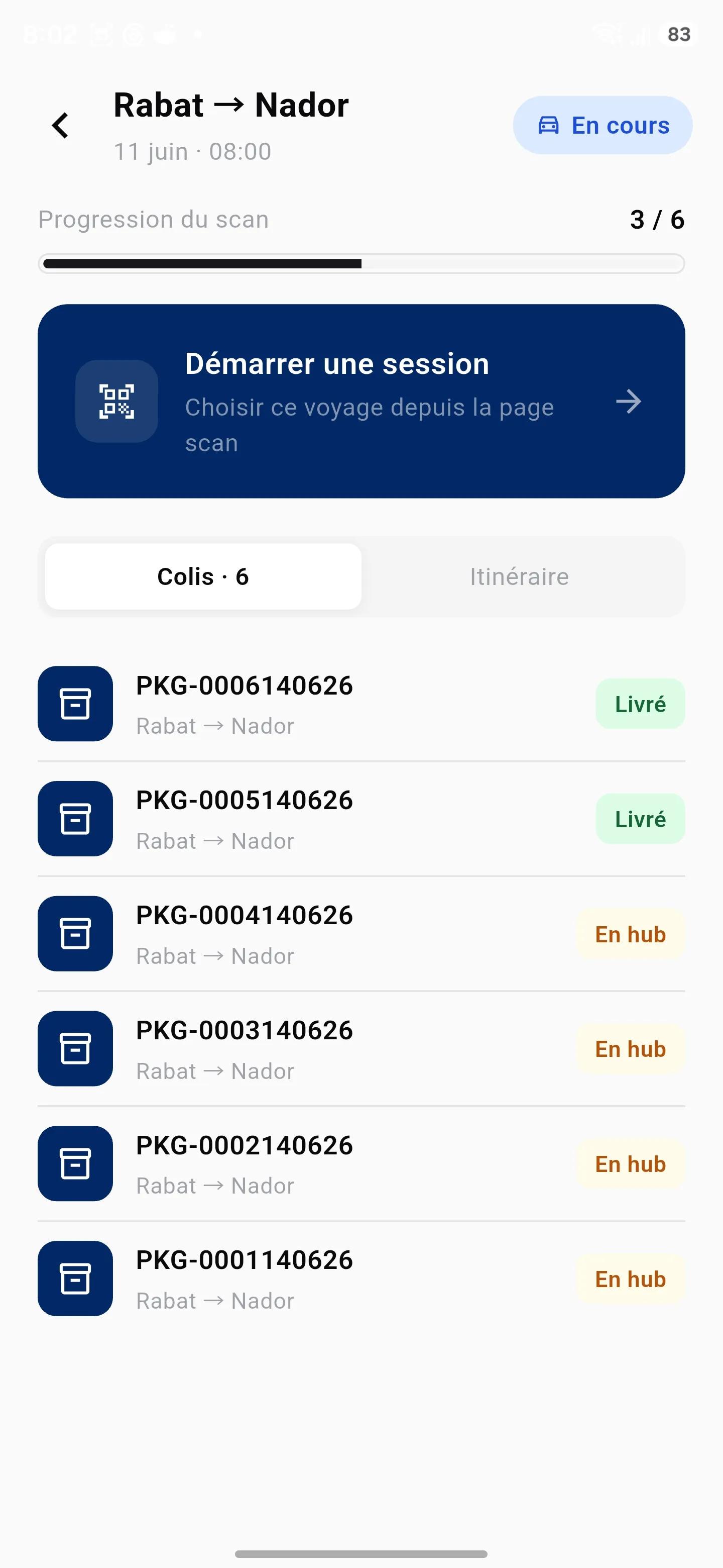 DabaColis mobile trip and parcels view