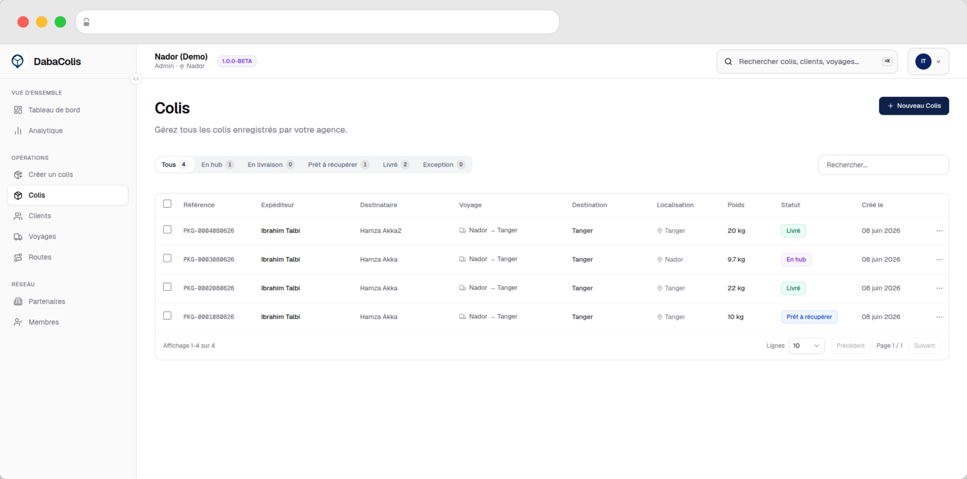 DabaColis parcel management dashboard