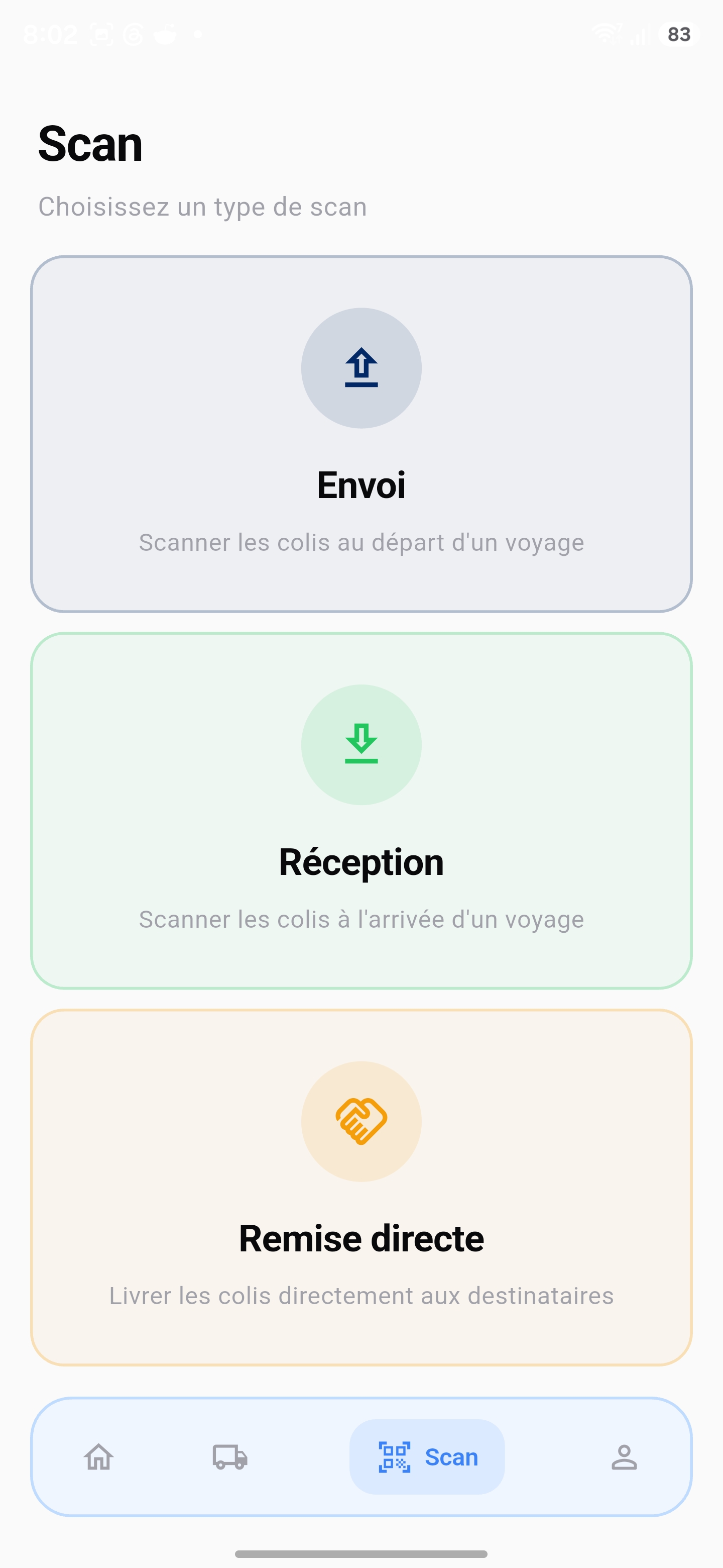 DabaColis mobile scan menu