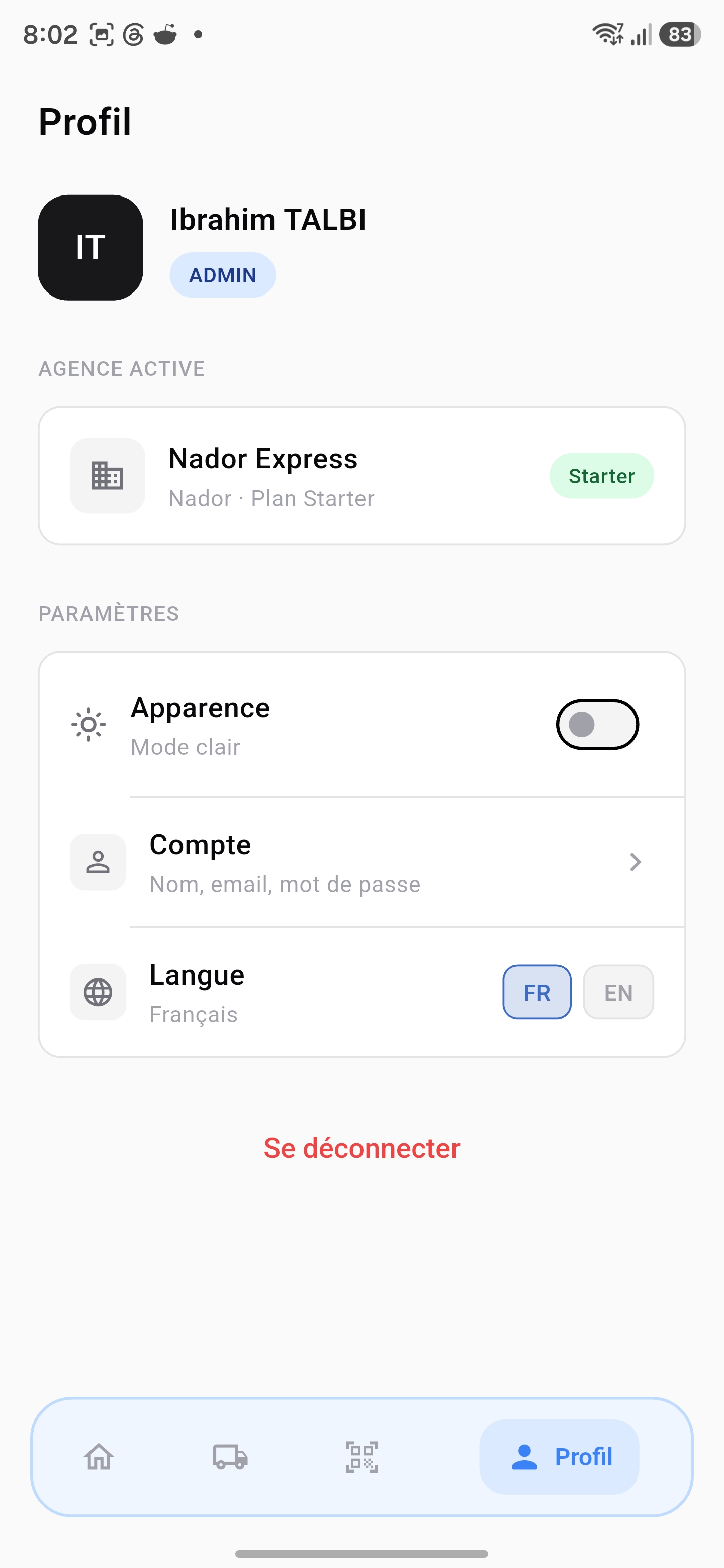 DabaColis mobile profile and settings
